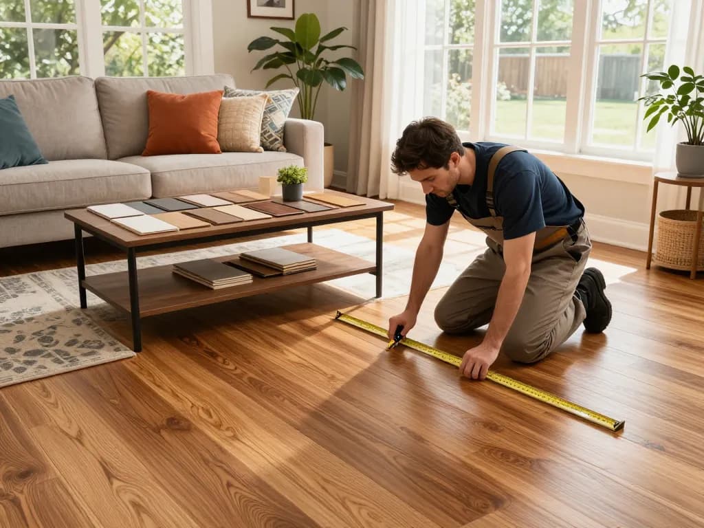 Flooring specialists near me inspecting beautiful hardwood flooring in a stylish living room.