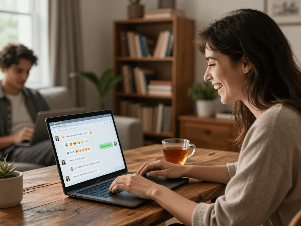 Users enjoying porn ai chat in a cozy living room with laptops and playful interactions.