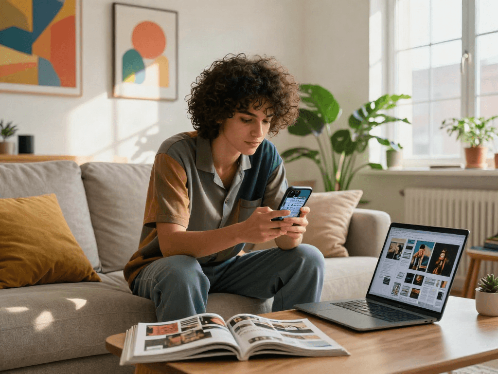 Engaging lifestyle scene showcasing nsfw content on a smartphone in a modern apartment.