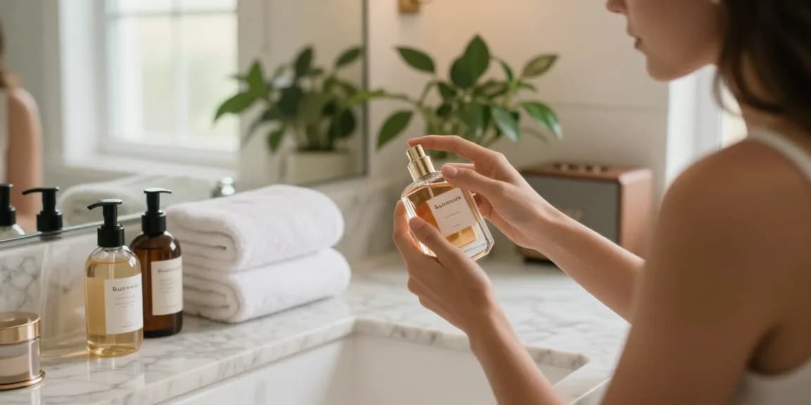 Woman applying Razamoisele perfume in a luxurious bathroom setting.