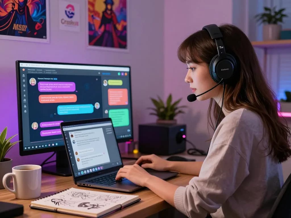 Immersive NSFW chat AI experience featuring a user engaged in playful conversation on a laptop in a cozy high-tech environment.