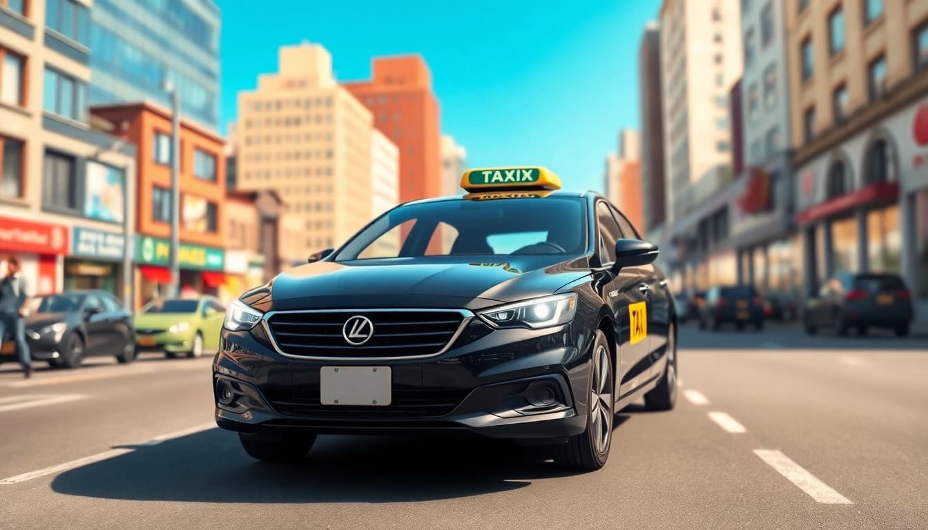 Taxi driving through a bustling city, showcasing urban life and professionalism.
