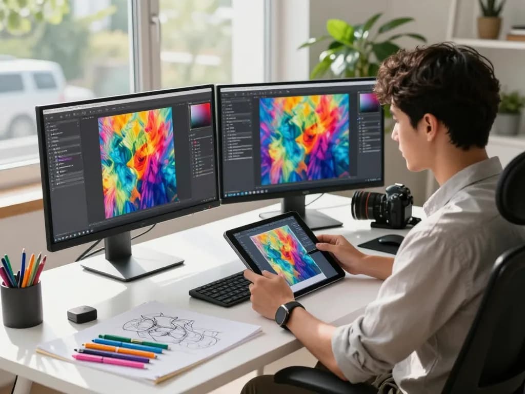 Using an image to prompt generator in a modern workspace to create detailed AI prompts.