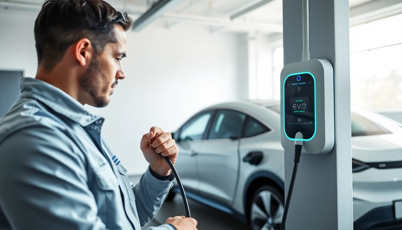Technician installing McNally EV mobile charger in a modern garage.