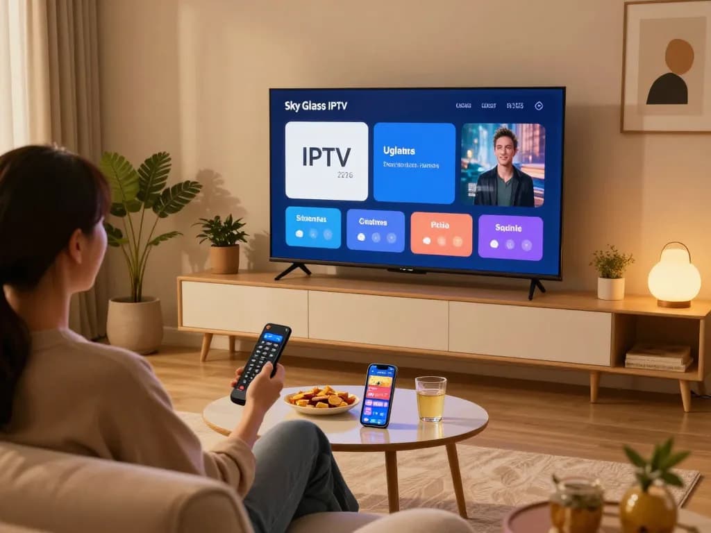 Sky Glass IPTV Updated APP 2026 in a cozy living room setting with user enjoying content on a modern TV.