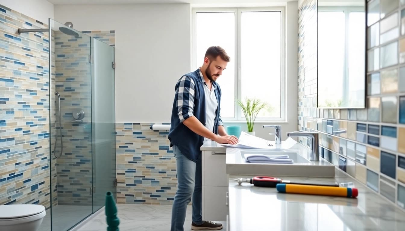 Bathroom builders near me collaborating on a stylish bathroom renovation project.