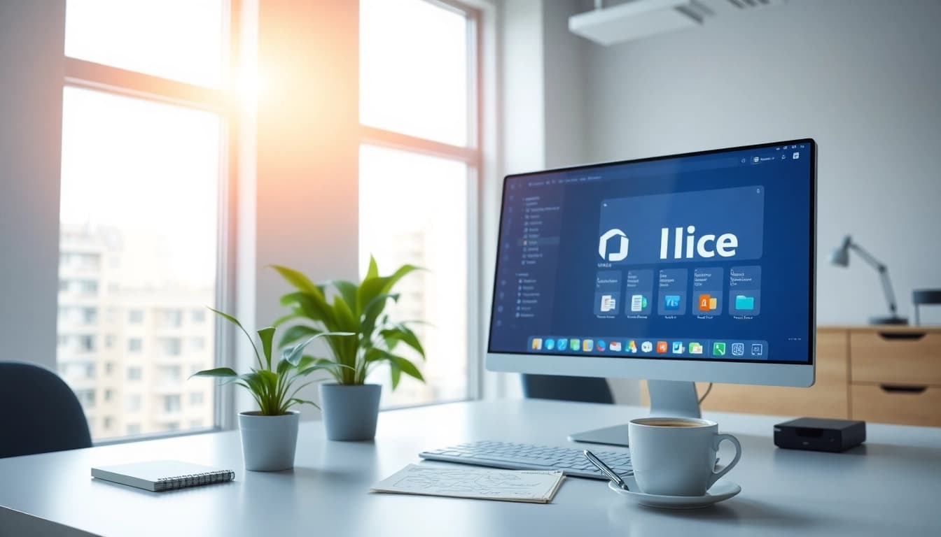 WPS Office 办公空间，现代桌面布局，配有科技界面、植物和咖啡。