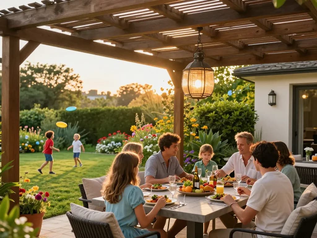 Family enjoying dinner under a beautifully designed pergola configurator with greenery around.