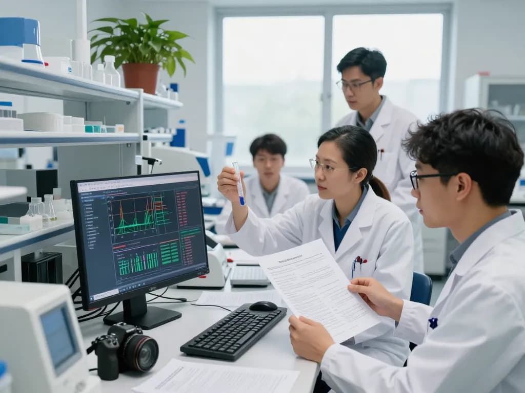 Collaboration in a neurodegenerative disease research lab at https://nddo.org, showcasing scientists analyzing data, advanced instruments, and teamwork.