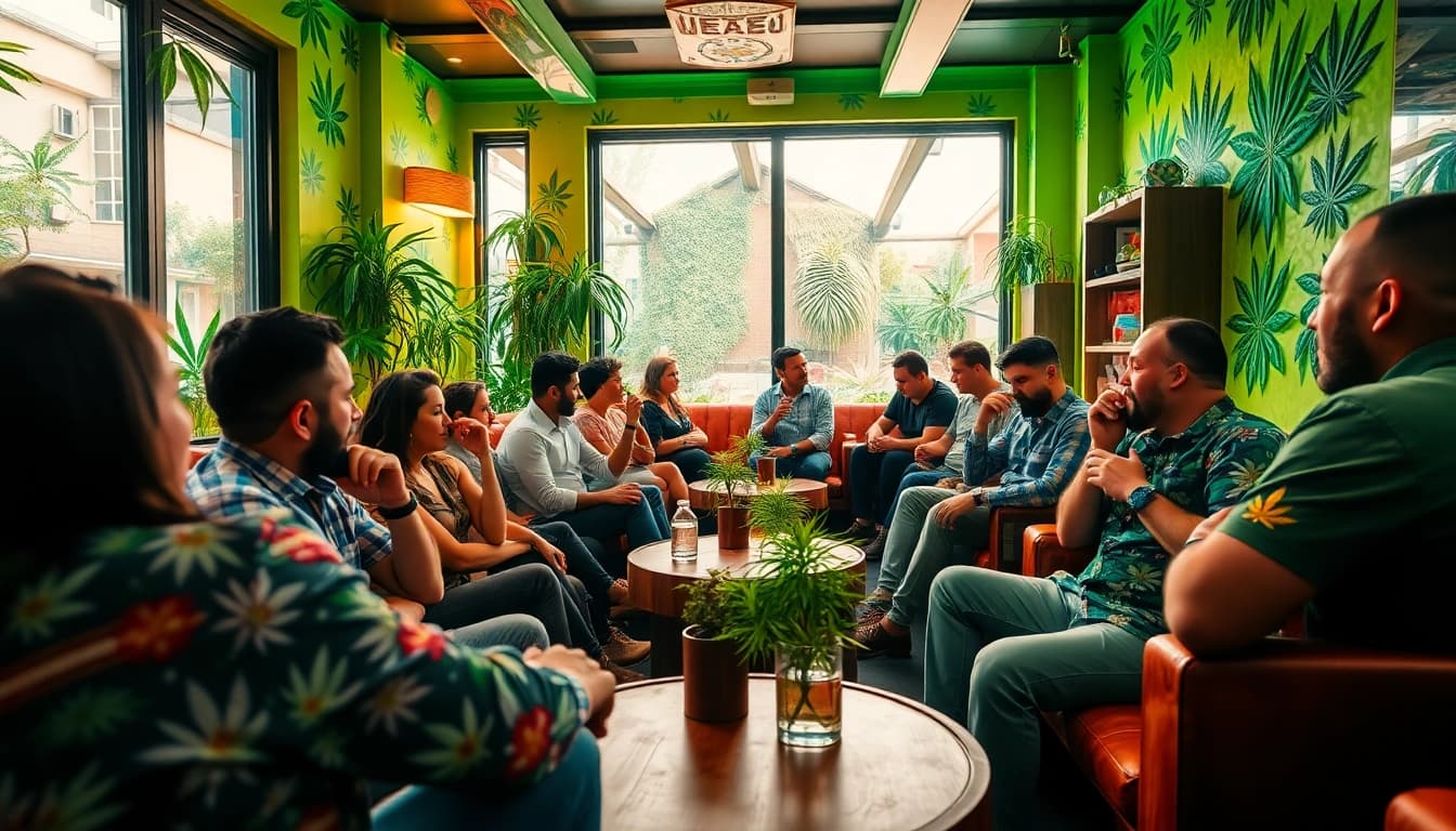 Visitez le Weed Club Lloret De Mar, un espace animé avec des invités profitant d'une ambiance conviviale.