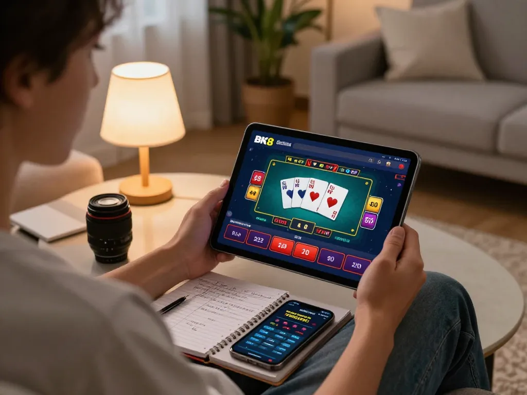 Player engaging with the BK8 dad app during a relaxed home gaming session, showcasing strategic betting elements.