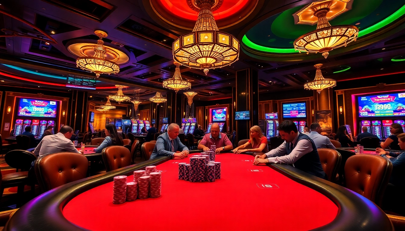 Players engage in strategic poker at PS99, surrounded by vibrant casino decor and high-stakes excitement.