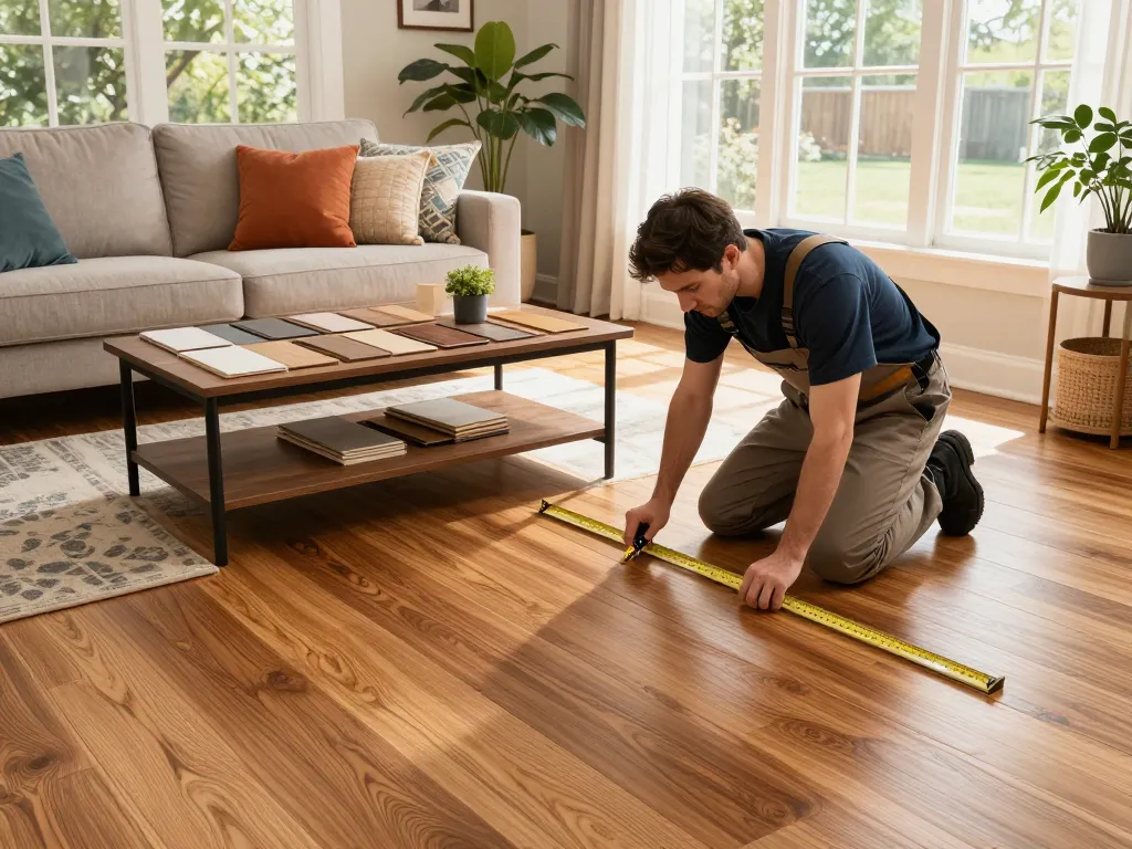 Flooring specialists near me inspecting beautiful hardwood flooring in a stylish living room.