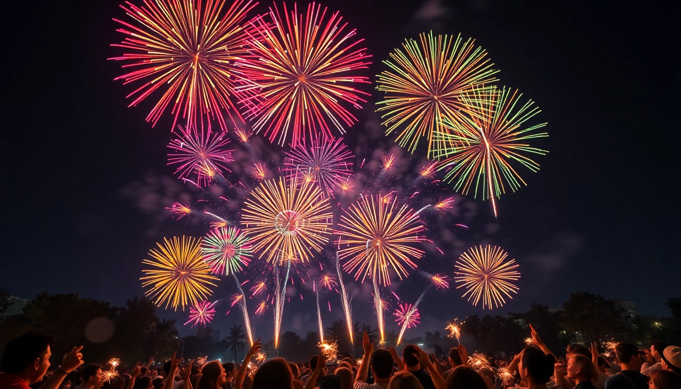 Crowd enjoying stunning cheap fireworks near me lighting up the night sky.