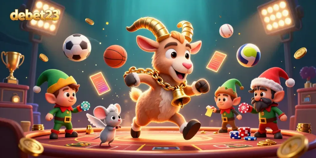 Engage with the thrilling gambling experience at debet23 with a dynamic scene of 3D cartoon characters in a festive casino setting.