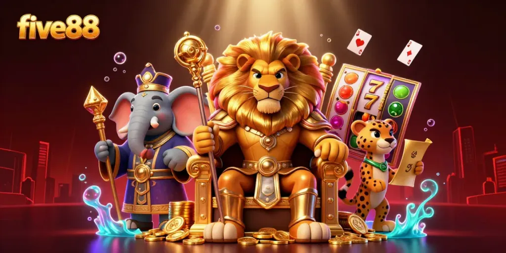 Experience the excitement of five88 with a fierce lion king, wise elephant advisor, and a fast cheetah in a rich casino-themed scene.