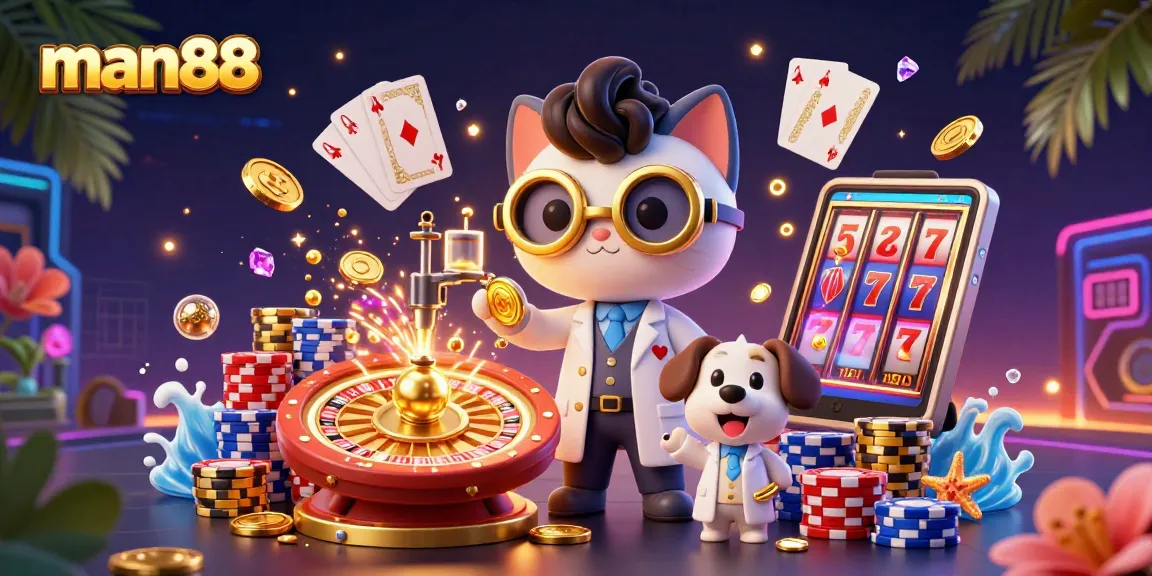 Engage in thrilling gaming at man88 with animated characters, golden coins, and vibrant casino action