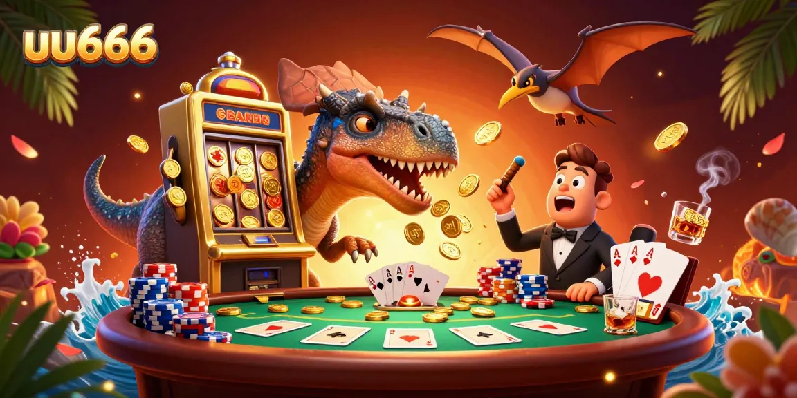 uu666 players engage in thrilling jackpot excitement, winning coins at a vibrant casino scene.