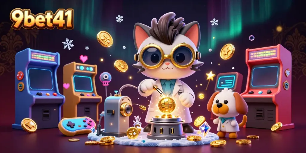 Engage with thrilling games at 9bet41's dynamic 3D casino scene featuring a mad scientist cat and exciting game elements.