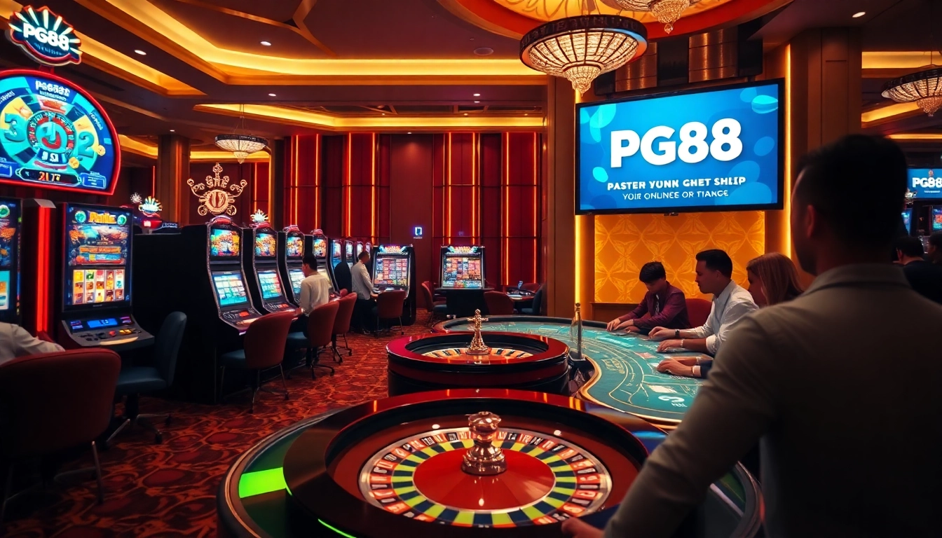 Exciting scene of players engaging in casino activities with pg88 đăng nhập prominently displayed.