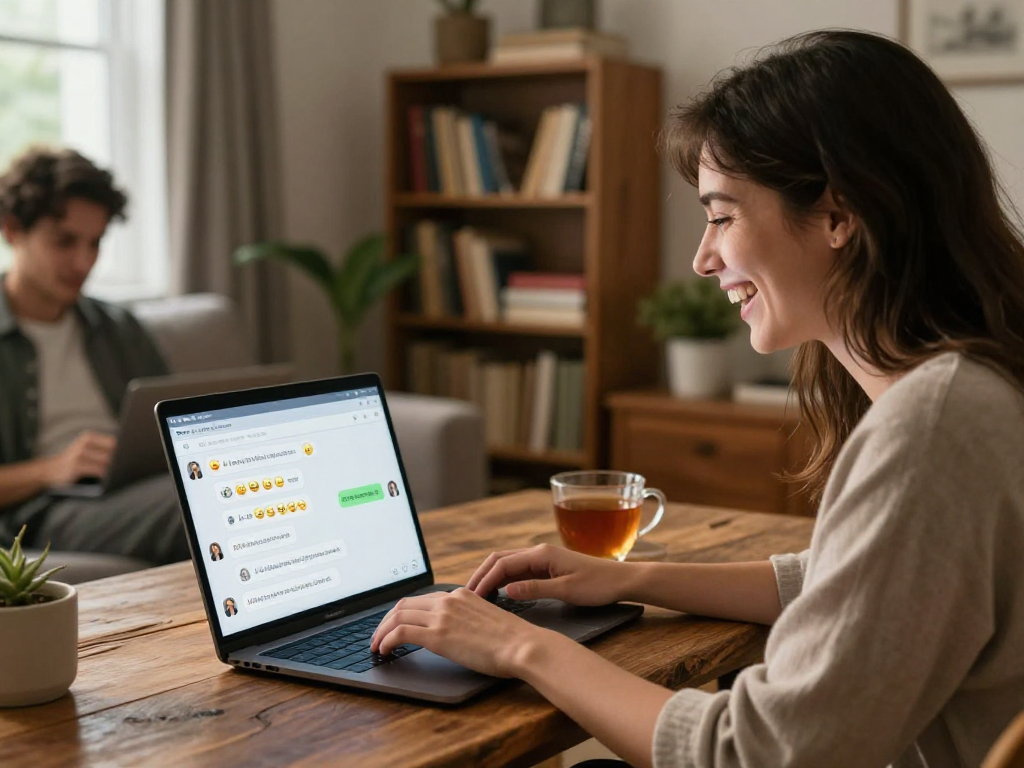 Users enjoying porn ai chat in a cozy living room with laptops and playful interactions.