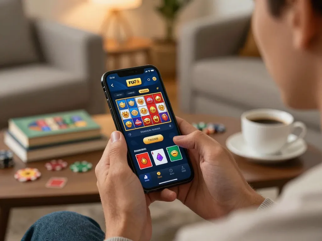 Engaging with the fun79 casino app on a smartphone while relaxing at home.