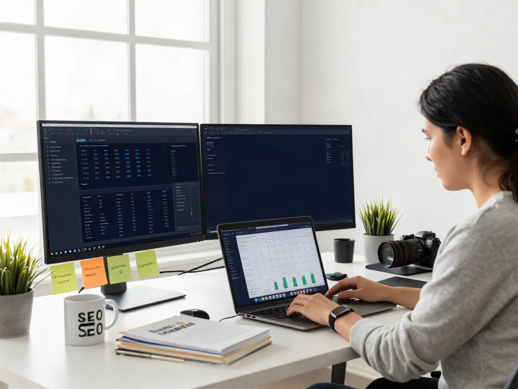 Marketing professional optimizing instant indexing metrics in a modern office.