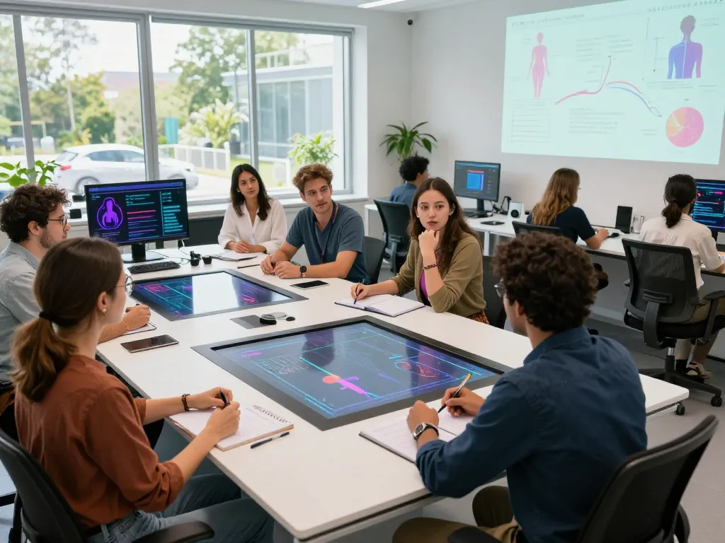 Team researching sex AI innovations in a bright lab environment, showcasing diverse collaboration.