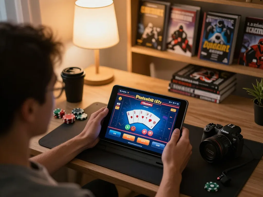 gmnc player engaged in online poker game from home with tablet interface and cozy atmosphere