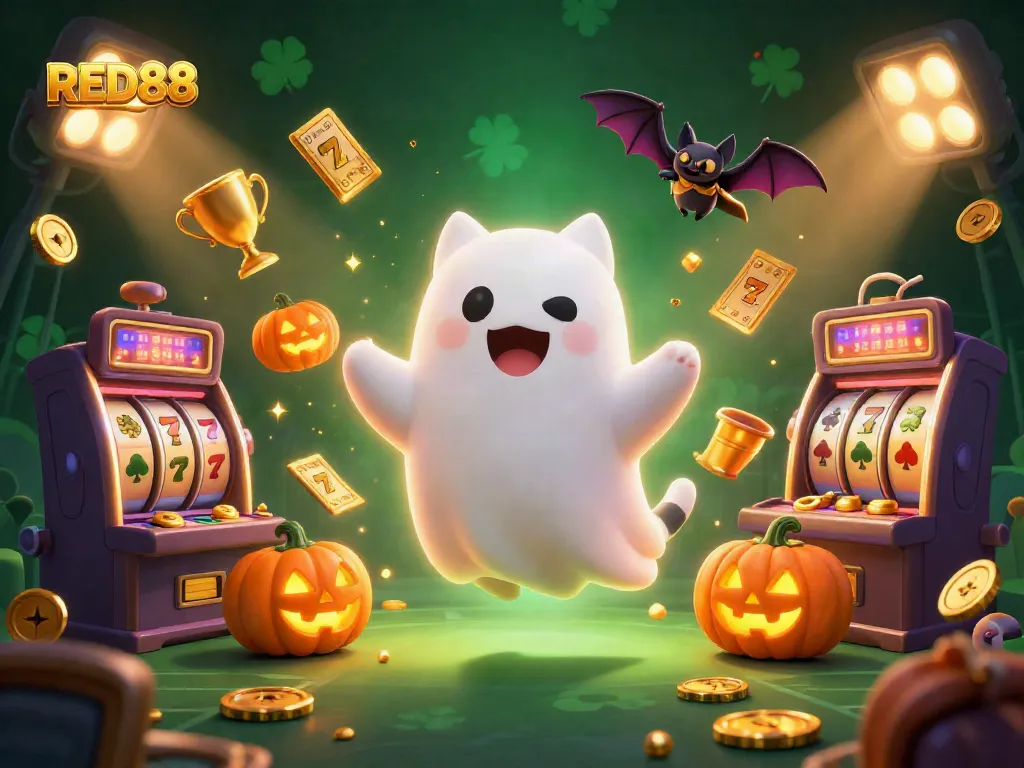 Experience thrilling gameplay at RED88 with a ghost cat in a vibrant casino scene.