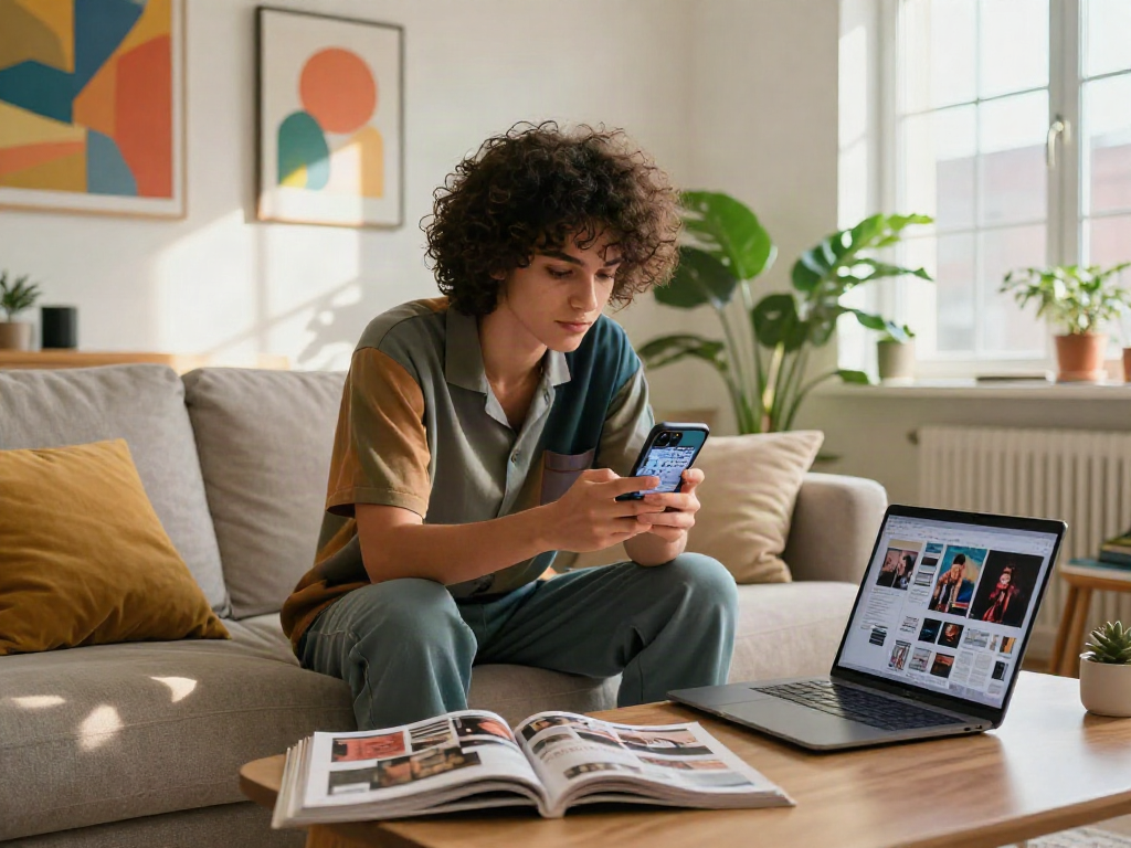 Engaging lifestyle scene showcasing nsfw content on a smartphone in a modern apartment.