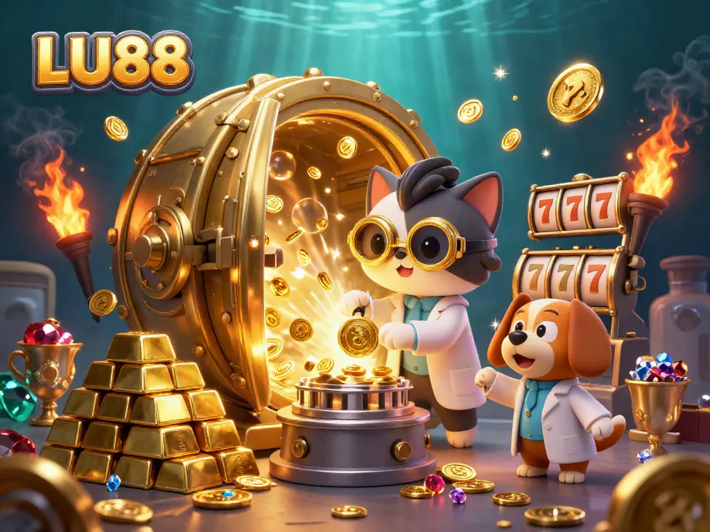 LU88 slots and games shine in a vibrant 3D illustration filled with golden treasures and casino elements.