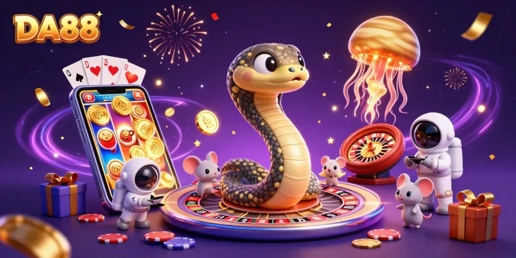 Engage in DA88 cosmic betting as the Saturn ring snake spins its roulette wheels amidst jubilant astronaut mice.