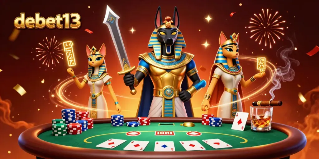 Engage in the excitement of debet13 with Anubis and Bastet at a lively poker scene depicting winning strategies.