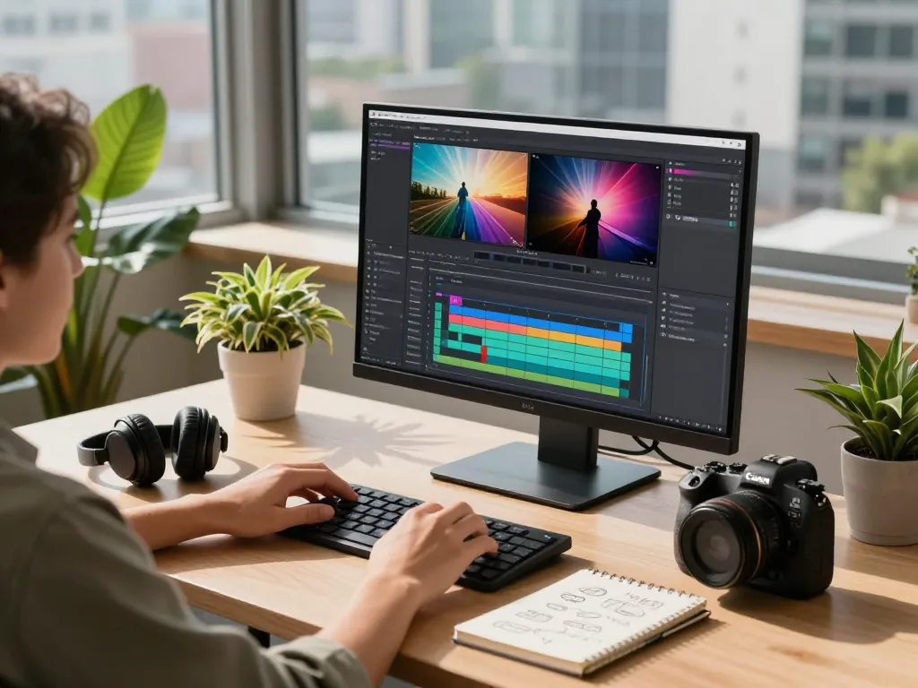 Video to prompt workspace showcasing a designer editing video footage with vibrant displays and natural light.