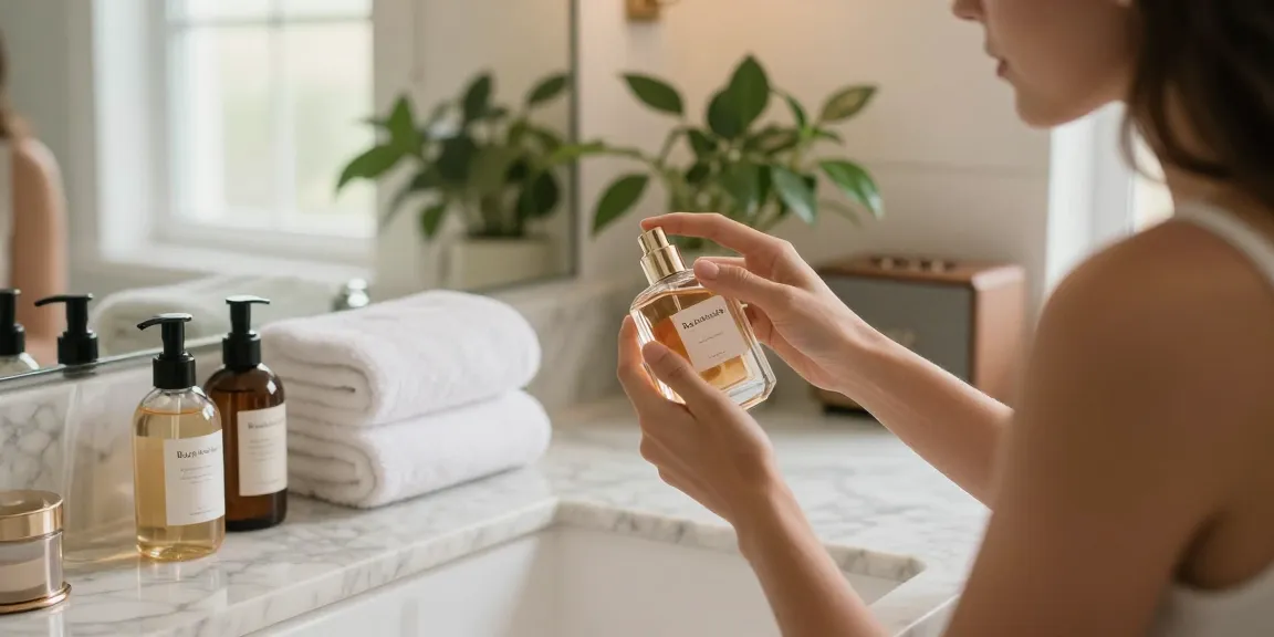 Woman applying Razamoisele perfume in a luxurious bathroom setting.