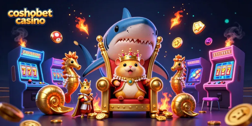 Engage with exciting games at cosmobet casino with a dynamic 3D scene featuring a hamster king and seahorse guards.
