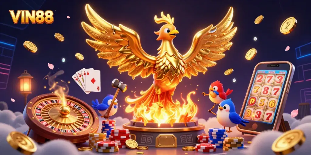Experience the excitement of VIN88's golden phoenix alongside dazzling casino elements in 3D.