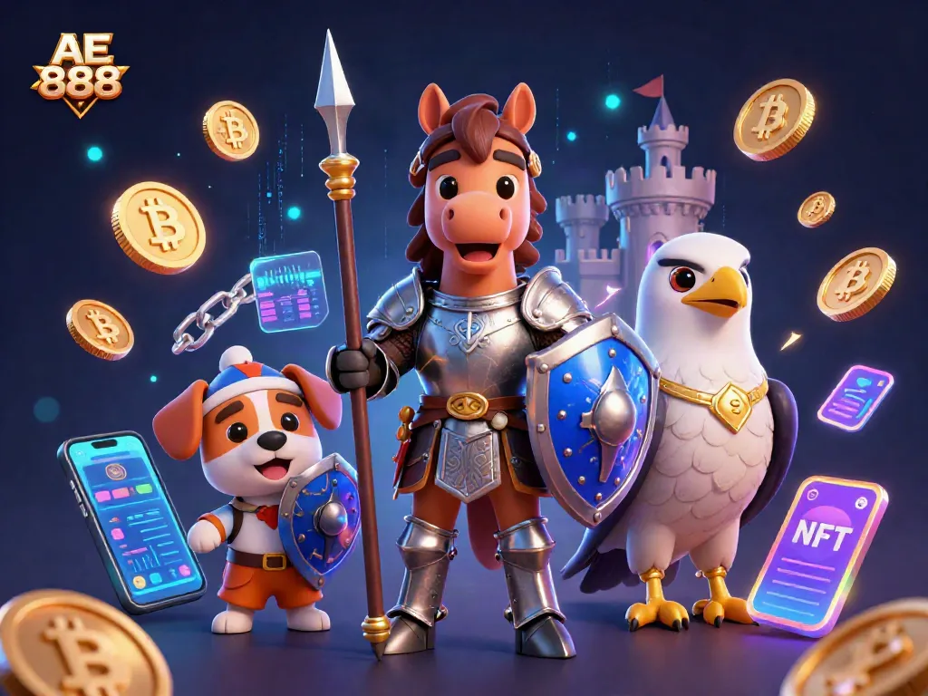 Engage with AE 888 in a vibrant casino scene featuring a knight and puppy amidst glowing coins.