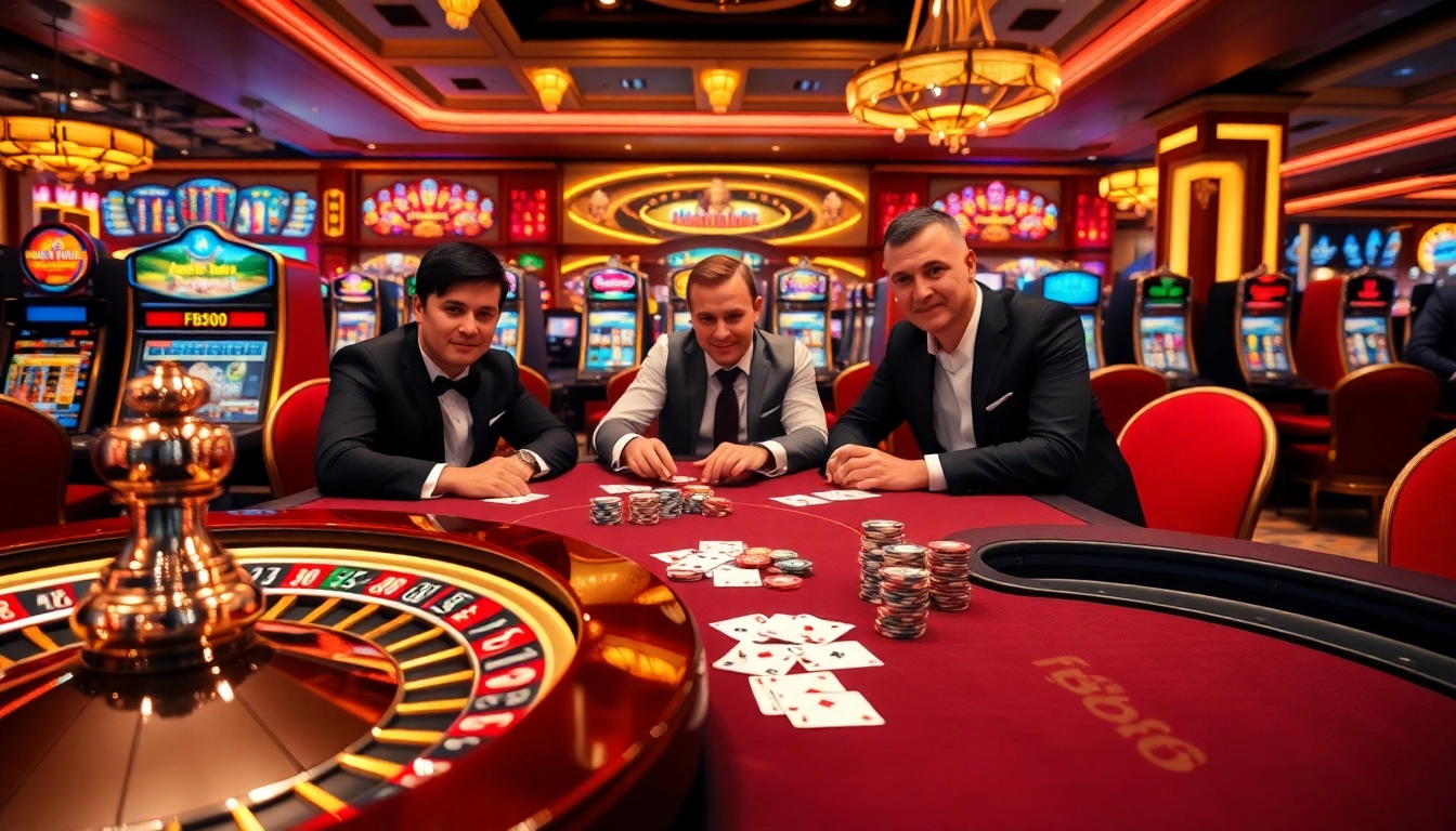 Players engage in an intense game at the fb88 casino, showcasing vibrant poker chips and cards.