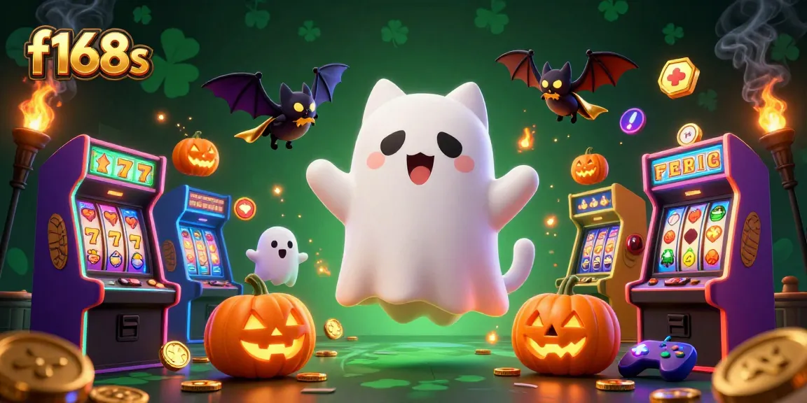 Experience the spooky fun at f168s with ghost cats and vibrant slot machines in a haunted casino!