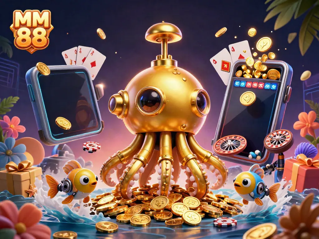 Experience the thrill of MM 88 with a vibrant, golden kraken submarine exploring stunning casino elements.