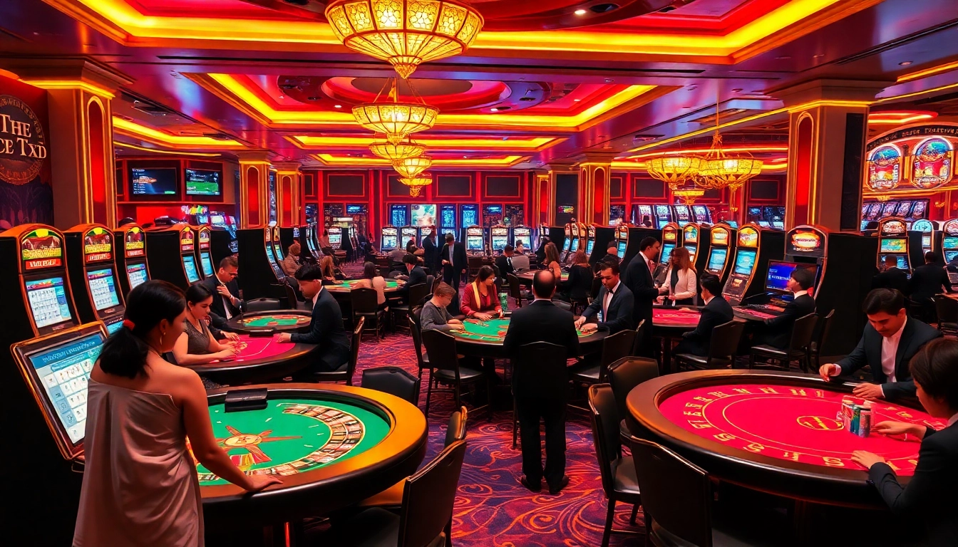 SIN88 players thriving in a luxurious casino filled with exciting games and vibrant energy.