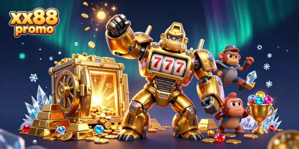 Experience thrilling wins with the xx88 promo golden gorilla mech amidst dazzling treasures.