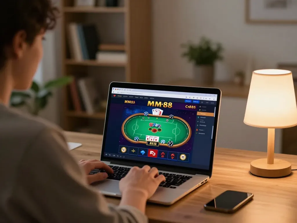 Player engaging in a strategic session on MM88's online casino platform at home.