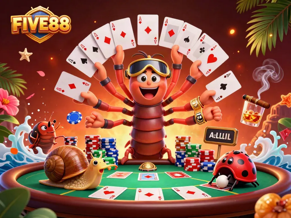 Experience exciting gameplay at FIVE88 with a vibrant casino scene featuring a unique dealer and high-roller action.