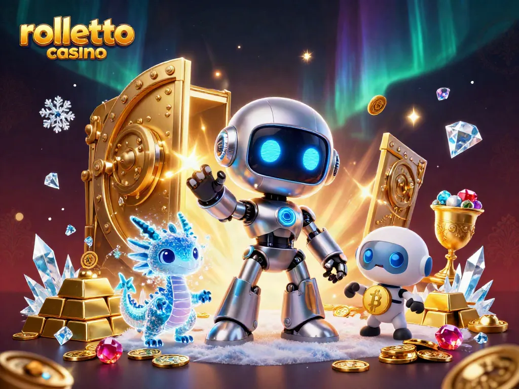 Experience rolletto casino adventure in a dazzling treasure-filled illustration with futuristic characters.