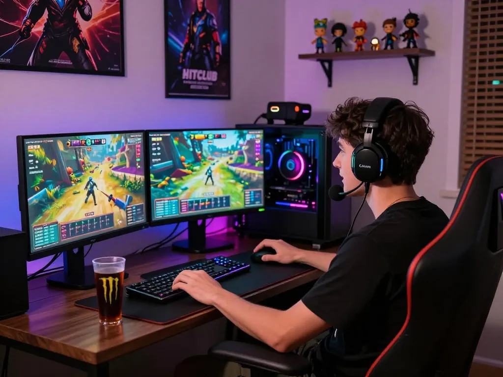 Engaged gamer experiencing the thrill of tải hitclub on high-end gaming PC.