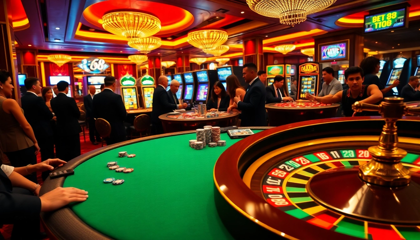 BET88 casino scene with players enjoying poker at a vibrant table surrounded by colorful chips.
