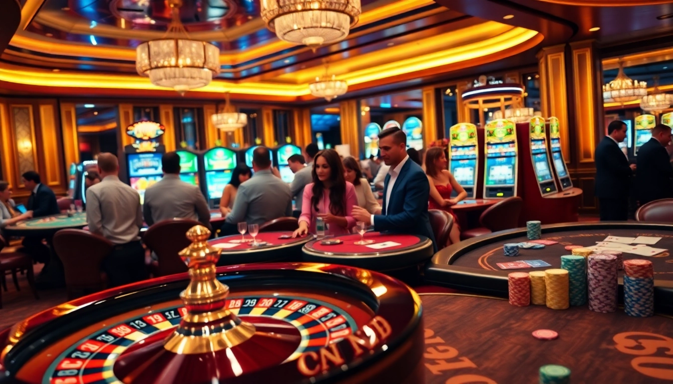 Experience excitement at thabet casino with players engaged in roulette, poker, and vibrant slot machines.